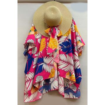 Set de plaja SAMY, pareo scurt si palarie accesorizata cu esarfa, Fucsia Jungle, Marime S/M