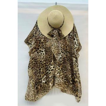 Set de plaja SAMY, tunica si palarie accesorizata cu esarfa, BEJ Leopard, Marime S/M