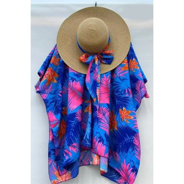 Set de plaja SAMY, tunica si palarie accesorizata cu esarfa, Bleu Jungle, Marime S/M