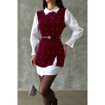 Camasa rochie Iuliana, cu sarafan aplicat si curea asortata, Rosu, Marime S/M