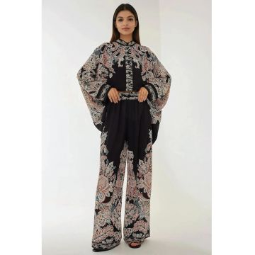 Compleu dama -  pantaloni cu talie inalta - croiala larga - negru - textil