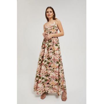 Rochia maxi roz cu model floral pe bretele