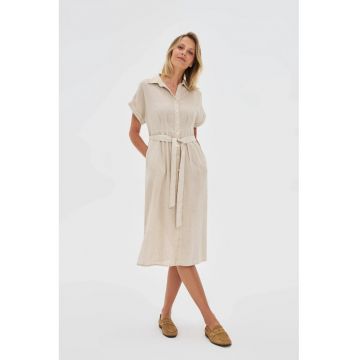 Rochie bej  bumbac - guler V - cu mansete - marime