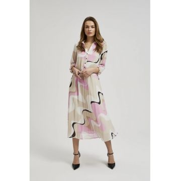 Rochie bej cu model geometric si tiv pliat