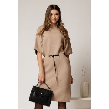 Rochie bej din tricot cu maneci fluture si curea in talie