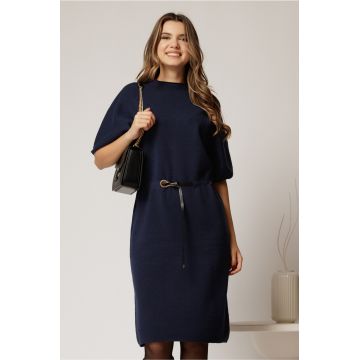Rochie bleumarin din tricot cu maneci fluture si curea in talie