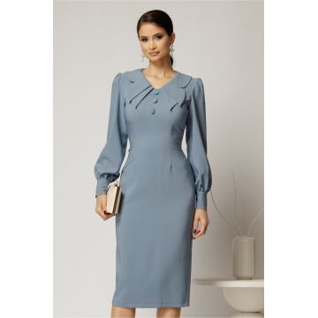 Rochie conica bleu cu nasturi pe bust si guler dublu