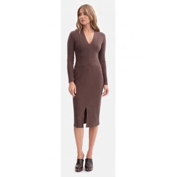 Rochie creion - B307 maro maneci lungi - decolteu in V - dantela - fara captuseala - lungime midi