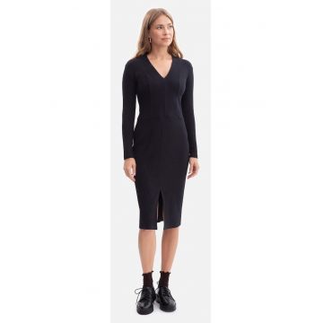 Rochie creion - B307 negru maneci lungi - decolteu in V - dantela - fara captuseala - lungime midi