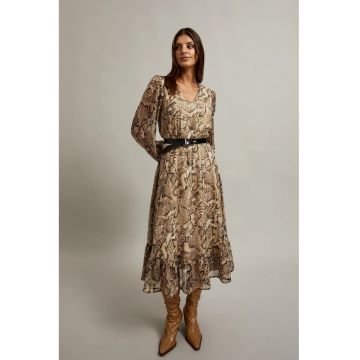 Rochie cu maneci bufante si imprimeu animalier bej