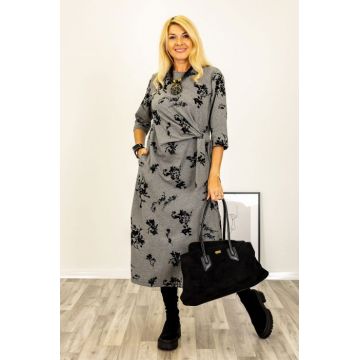 Rochie cu nod intr-o parte imprimata cu flori embosate si catifelate, din jerseu de bumbac gri