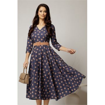 Rochie DY Fashion clos turcoaz cu buline bej cu decolteu in V si curea