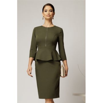 Rochie DY Fashion conica kaki cu peplum si fermoar metalic