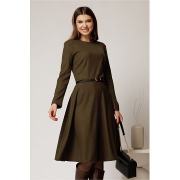 Rochie DY Fashion din tricot kaki cu curea subtire si fusta clos