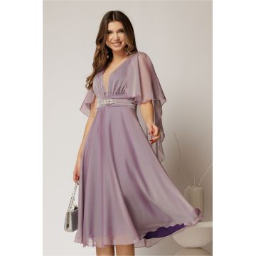 Rochie DY Fashion din voal lila in V capa si accesoriu in talie