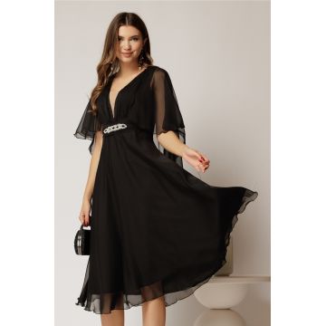 Rochie DY Fashion din voal negru in V capa si accesoriu in talie