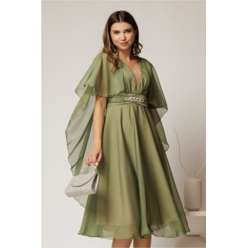 Rochie DY Fashion din voal verde in V capa si accesoriu in talie