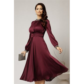 Rochie DY Fashion magenta din voal cu perle la guler si maneci