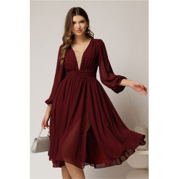 Rochie DY Fashion midi din voal bordo in clos cu perle si tull la decolteu