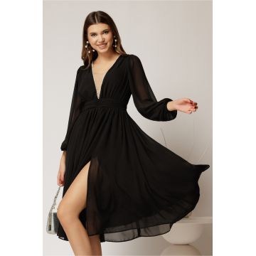 Rochie DY Fashion midi din voal negru in clos cu perle si tull la decolteu