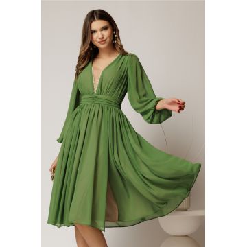 Rochie DY Fashion midi din voal verde in clos cu perle si tull la decolteu