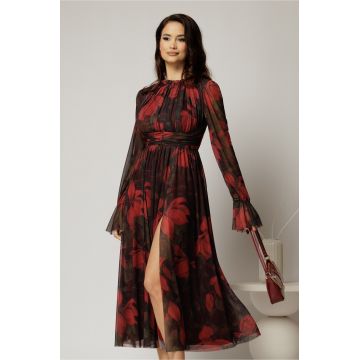 Rochie DY Fashion midi neagra cu imprimeu rosu din tulle fin in clos cu crapatura pe picior