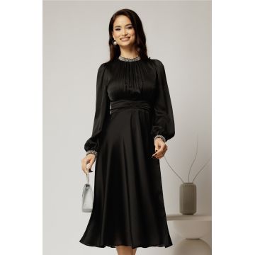Rochie DY Fashion neagra din voal cu perle la guler si maneci