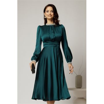 Rochie DY Fashion verde din voal cu perle la guler si maneci