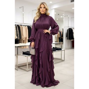 Rochie lunga cu volane Marivelle, talie marcata si cordon, Mov Intens, Marime S/M