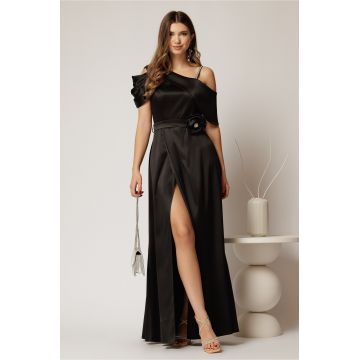 Rochie lunga neagra de seara din tafta eleganta