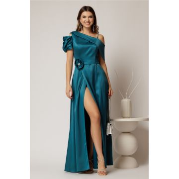 Rochie lunga turcoaz de seara din tafta eleganta