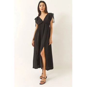 Rochie maxi dama -  poplin - decolteu in V - negru