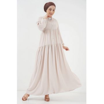 Rochie maxi -  decolteu in V - inchidere cu nasturi - crem - textil