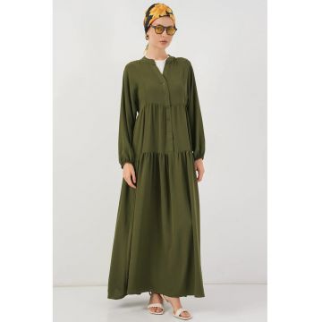 Rochie maxi -  decolteu in V - inchidere cu nasturi - kaki - textil
