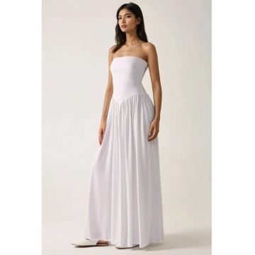 Rochie maxi  fara bretele - alb - jerseu - cu buzunare ascunse