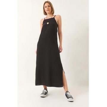 Rochie maxi -  fara bretele - crapatura laterala - negru - poliester