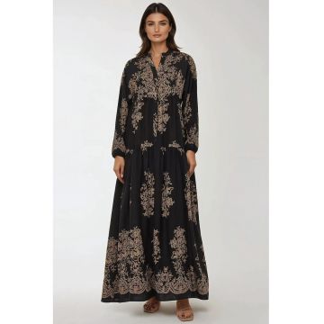 Rochie maxi -  maneca lunga - imprimeu - negru - viscoza