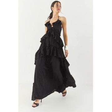 Rochie maxi -  texturata - guler halter - volane - negru - bumbac-viscoza