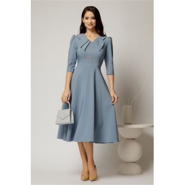 Rochie midi bleu cu guler dublu si funde argintii
