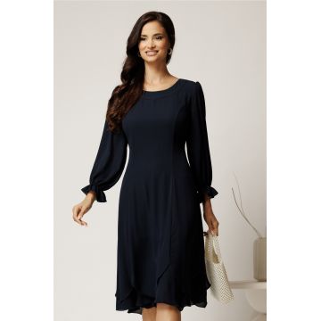 Rochie midi bleumarin din voal cu croi in clini si volane la baza