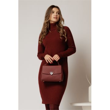 Rochie midi bordo din tricot cu guler intors