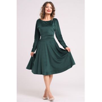 Rochie midi cu aspect de catifea - croiala evazata si buzunare laterale