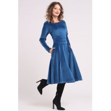 Rochie midi cu aspect de catifea - croiala evazata si buzunare laterale