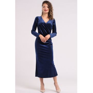 Rochie midi cu aspect de catifea si decolteu cache-coeur
