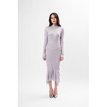 Rochie Midi cu Decupaje și Volan Asimetric Culoare Gri Metalizat