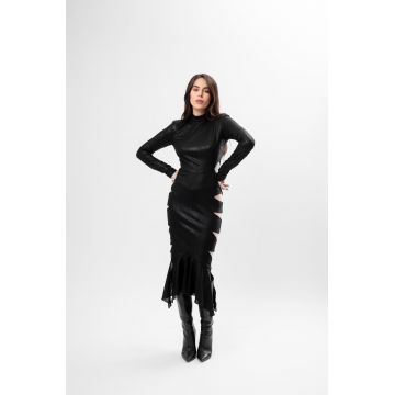 Rochie Midi cu Decupaje și Volan Asimetric Culoare negru Metalizat