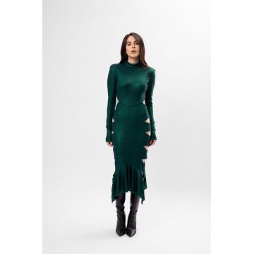 Rochie Midi cu Decupaje și Volan Asimetric Culoare verde Metalizat