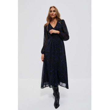 Rochie midi cu imprimeu si maneci bufante neagra