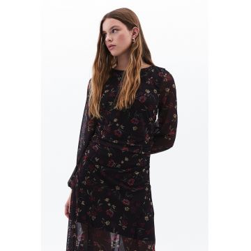 Rochie midi cu model floral si detaliu drapat