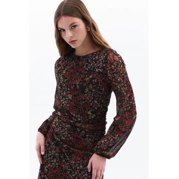 Rochie midi cu model floral si detaliu drapat